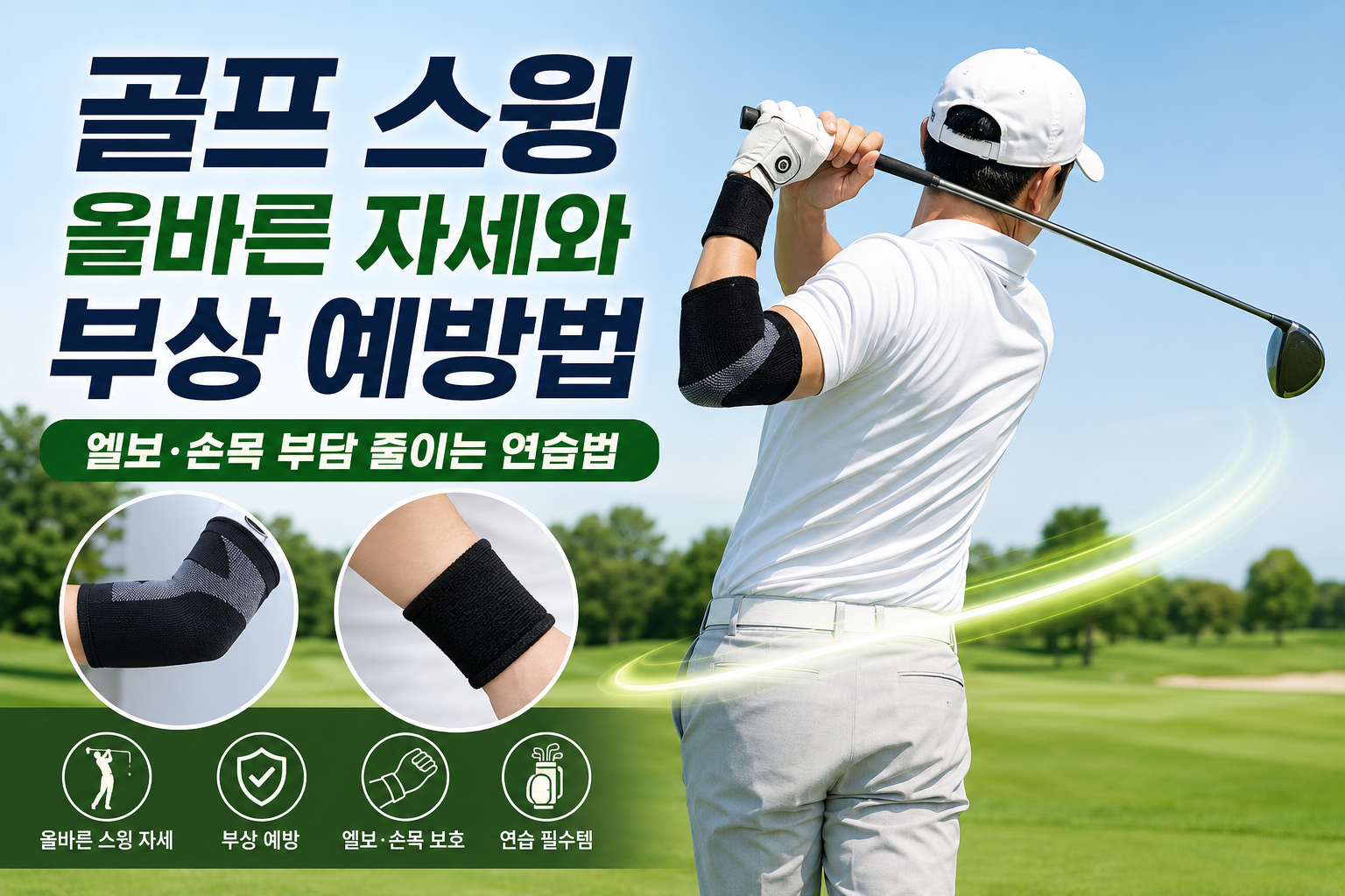 골프 스윙 자세 골프 엘보보호대 골프 손목보호대 골프 부상 예방 골프 연습 필수품