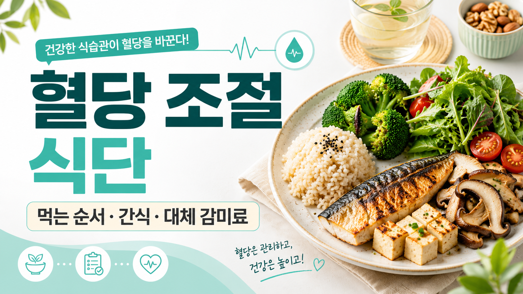 혈당 조절 식단, 혈당 스파이크 방지, 당뇨 식사 순서, 당뇨 간식 추천, 설탕 대체 감미료
