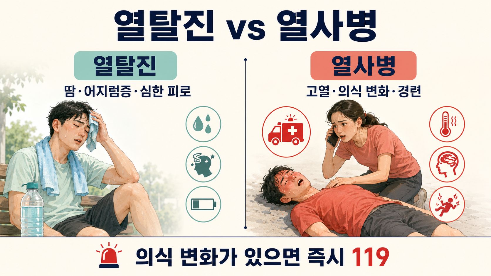 온열질환 증상
열사병 증상
열탈진 증상
온열질환 응급처치
폭염 건강관리