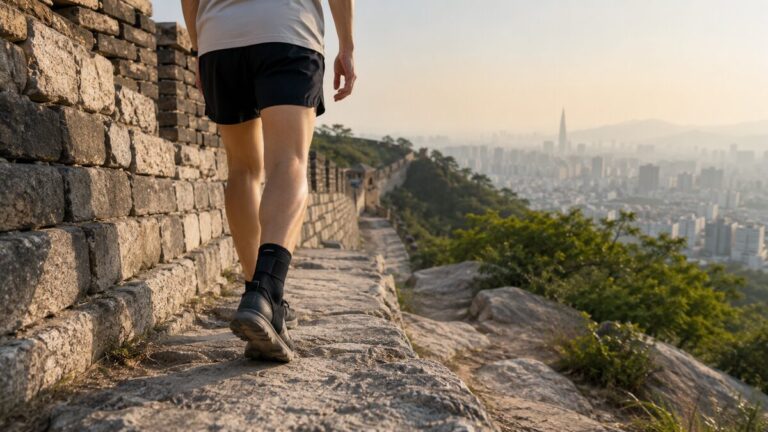 인왕산 성곽길 등산로를 걷는 사람의 발목에 착용한 발목보호대