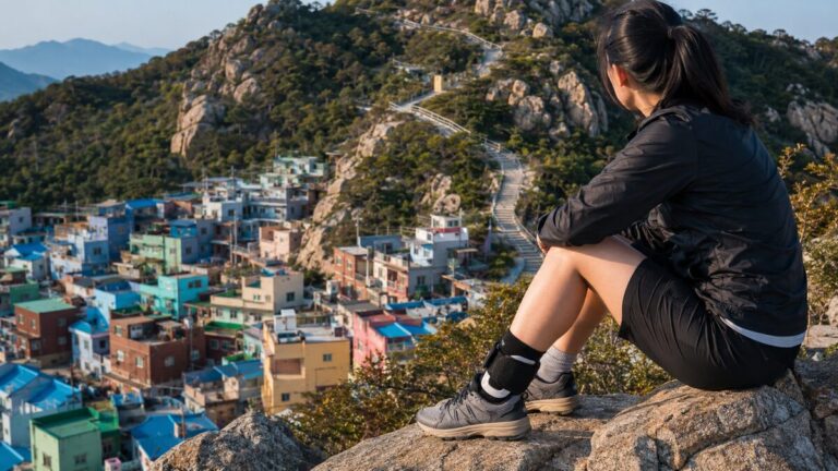 인왕산 개미마을코스 등산로에서 쉬고 있는 사람과 발목보호대